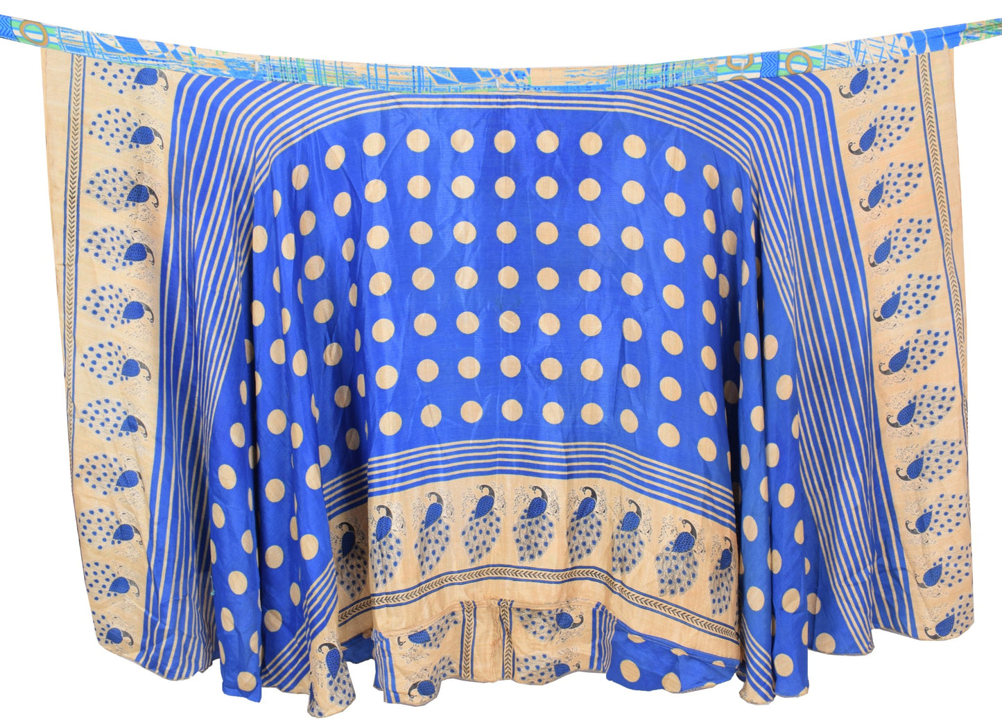 Sushila Vintage Blue Art Silk Saree Magic Wrap Reversible Skirt Polka Dot Dress
