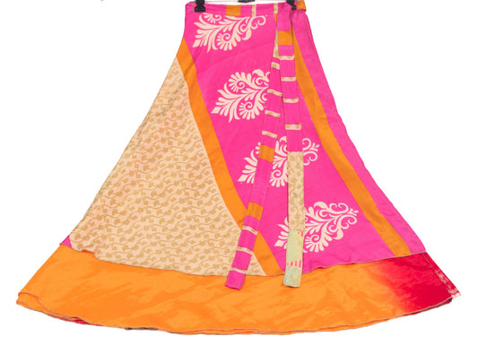 Sushila Vintage Yellow Pink Saree Magic Wrap Reversible Skirt Art Silk Beach Dress