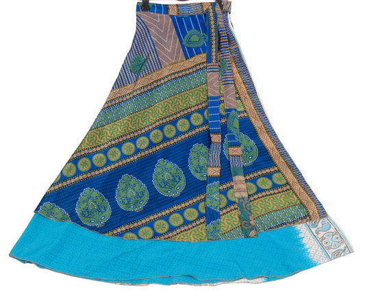 Sushila Vintage Art Silk Saree Magic Wrap Reversible Skirt Beach Dress Turq Blue