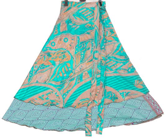 Sushila Vintage Art Silk Saree Magic Wrap Reversible Skirt Beach Dress Aqua Boho