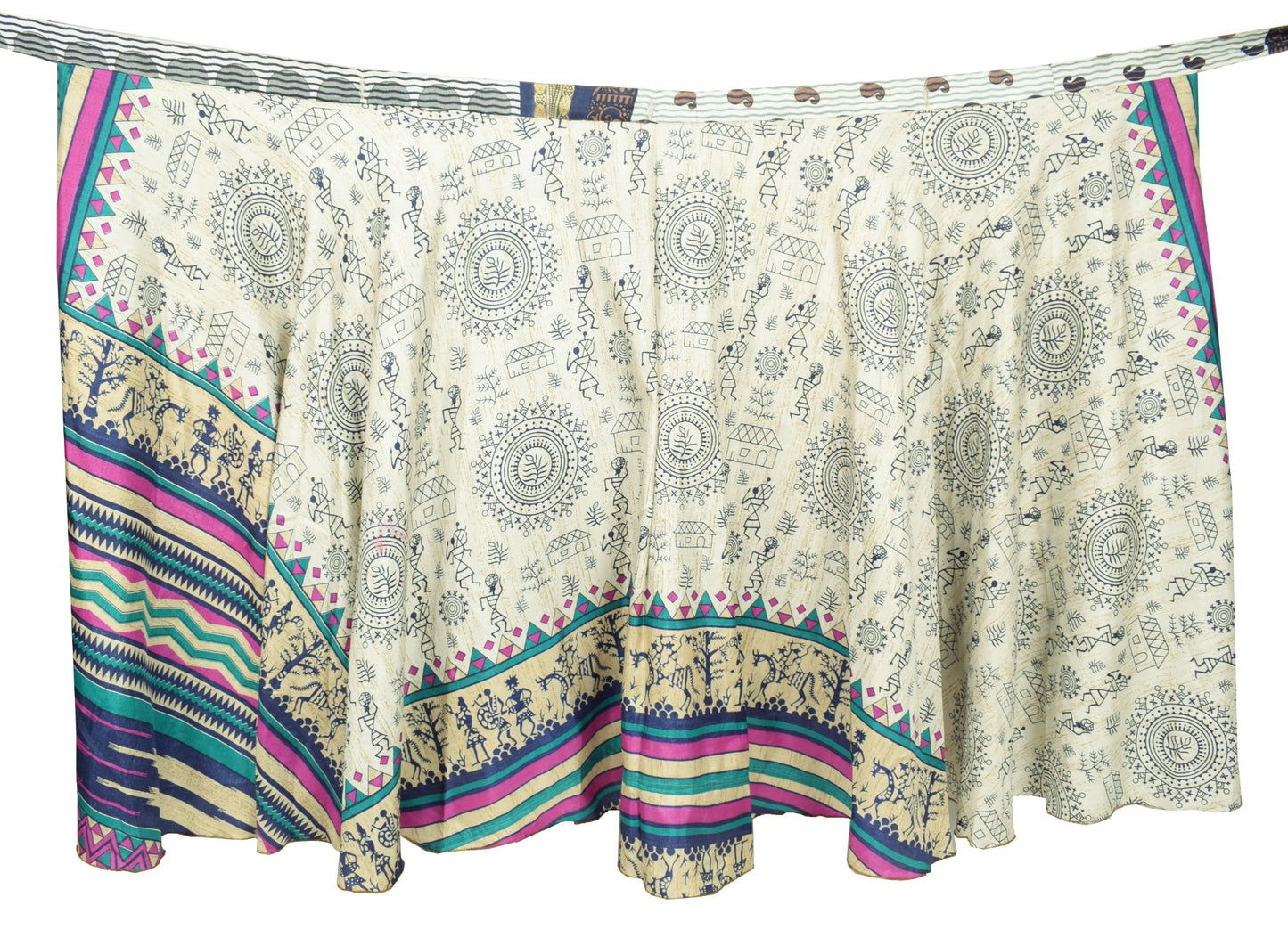 Sushila Vintage Art Silk Saree Magic Wrap Reversible Skirt Off White Warli Boho