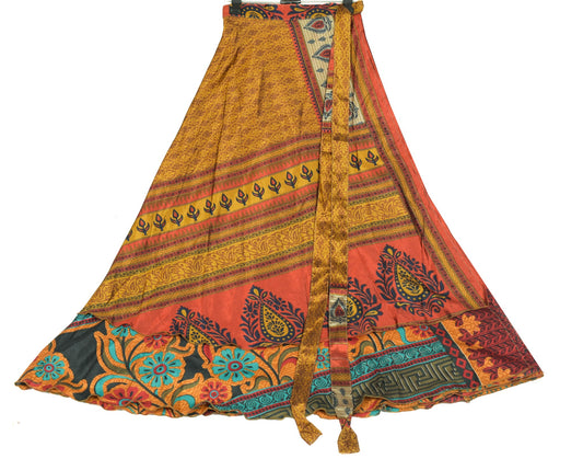 Sushila Vintage Art Silk Saree Magic Wrap Mustard Reversible Skirt Beach Dress