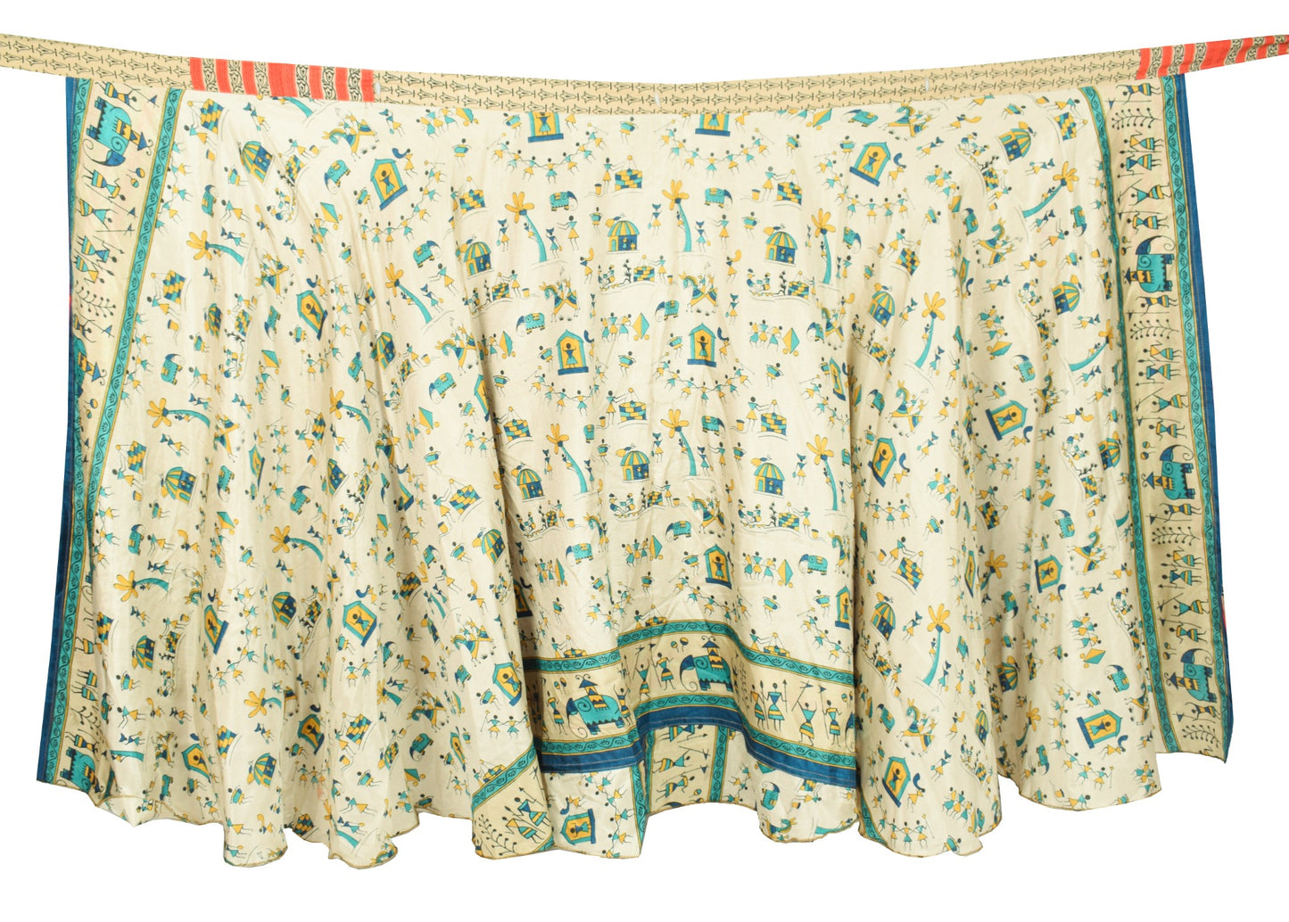 Sushila Vintage Warli Print Saree Magic Wrap Art Silk Reversible Skirt Beach Dress