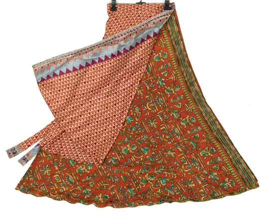 Sushila Vintage Art Silk Saree Rust Magic Wrap Reversible Skirt Beach Dress