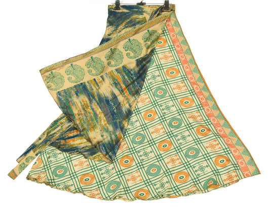 Sushila Vintage Silk Saree Magic Wrap Reversible Skirt Cream Green Beach Dress