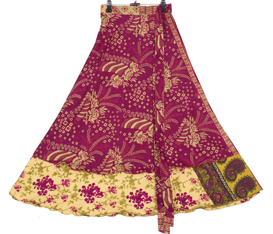 Sushila Vintage Floral Silk Saree Magic Wrap Reversible Skirt Beach Dress Beige
