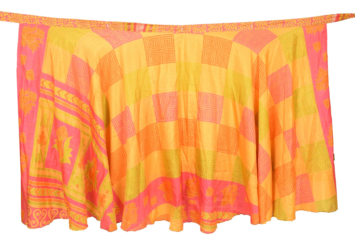 Sushila Vintage Art Silk Saree Magic Wrap Reversible Skirt Yellow Pink Beach Dress