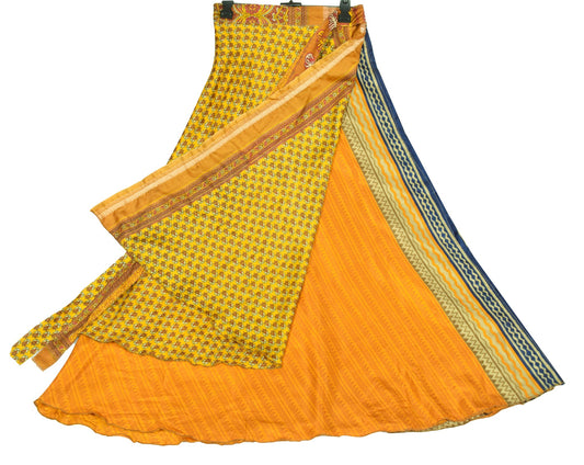 Sushila Vintage Yellow Magic Wrap Reversible Art Silk Saree Skirt Beach Dress