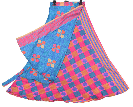 Sushila Vintage Magic Wrap Art Silk Blue Pink Saree Reversible Skirt Beach Dress