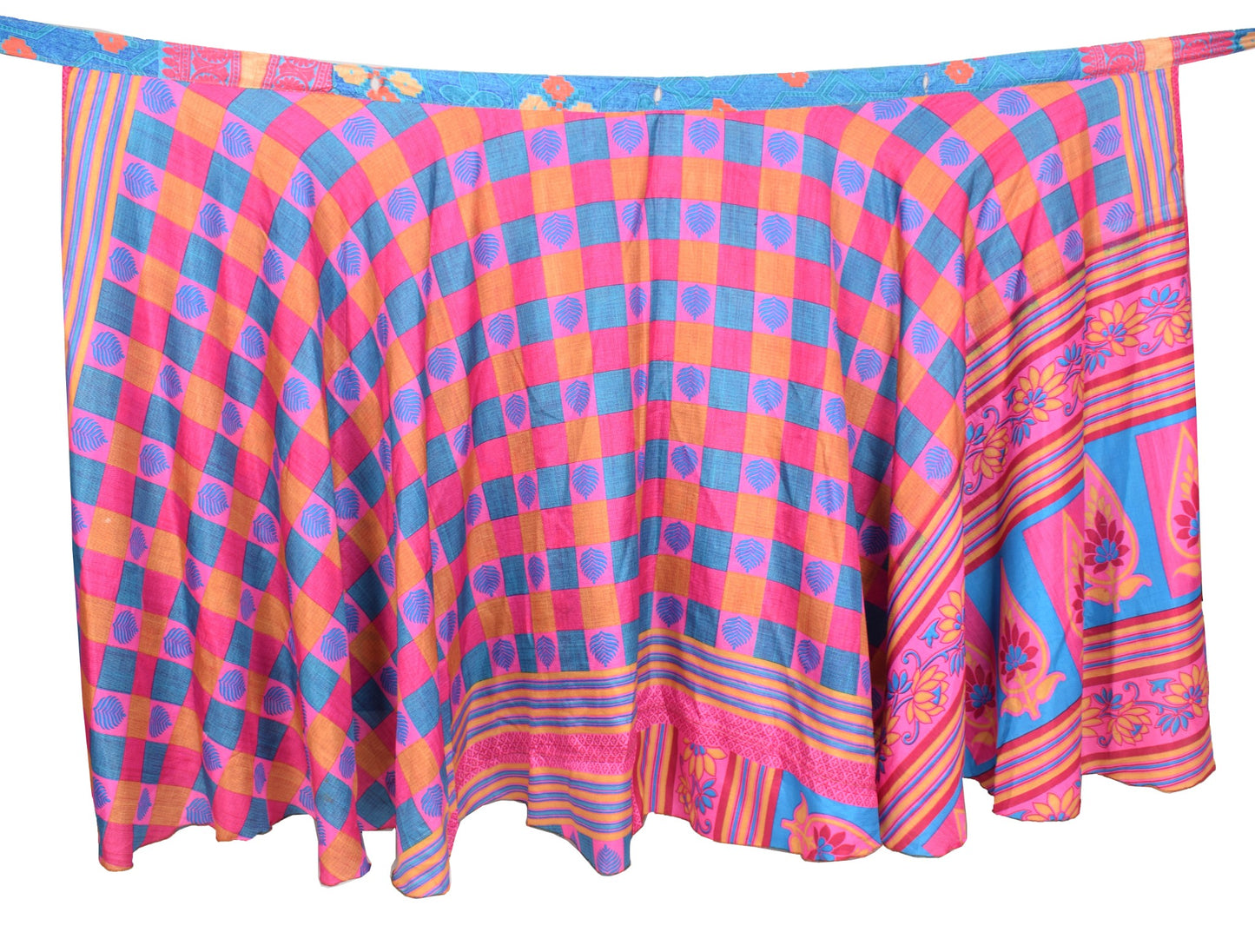 Sushila Vintage Magic Wrap Art Silk Blue Pink Saree Reversible Skirt Beach Dress