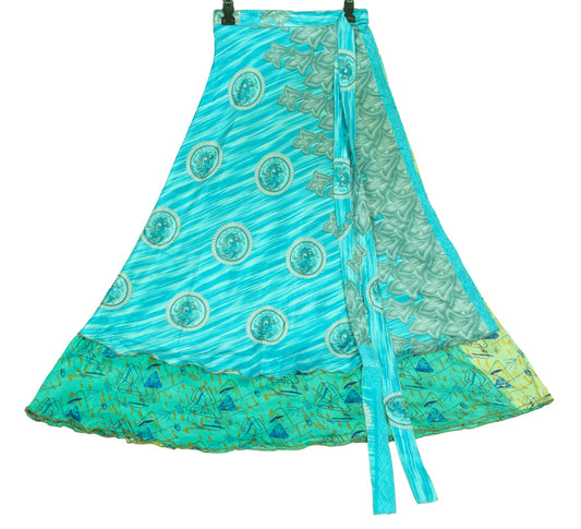 Sushila Vintage Green Blue Saree Magic Wrap Reversible Skirt Art Silk Beach Dress