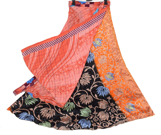 Sushila Vintage Black Saree Magic Wrap Reversible Art Silk Skirt Floral Beach Dress