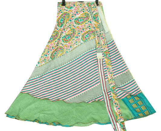 Sushila Vintage Art Silk Saree MagicWrap Reversible Skirt Beach Dress Green Boho