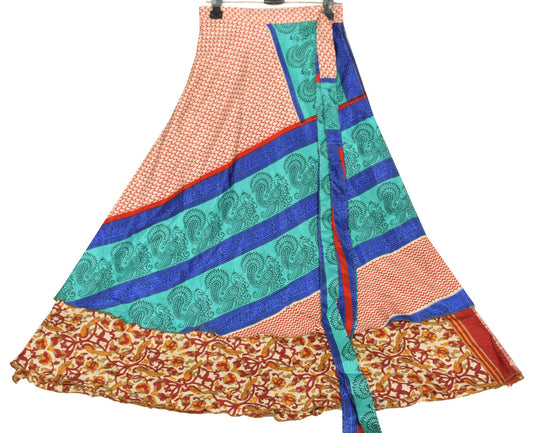 Sushila Vintage Art Silk Saree Magic Wrap Reversible Peacock Print Skirt Beach Dress