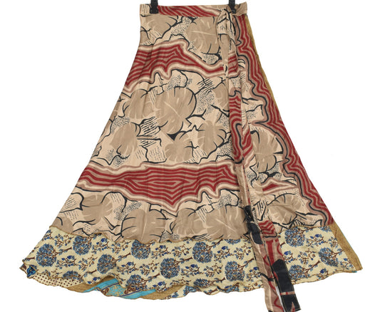 Sushila Vintage Art Silk Saree Magic Wrap Reversible Skirt Beach Dress Floral Brown