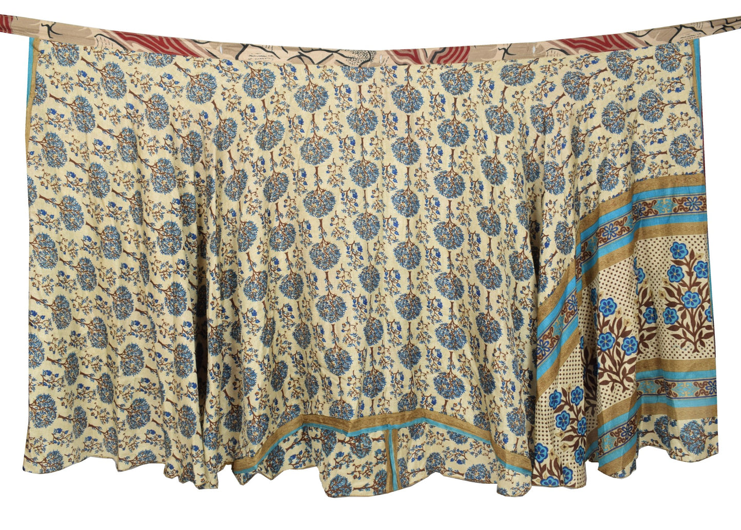 Sushila Vintage Art Silk Saree Magic Wrap Reversible Skirt Beach Dress Floral Brown