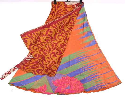 Sushila Vintage Art Silk Saree Magic Wrap Reversible Skirt Beach Dress Orange