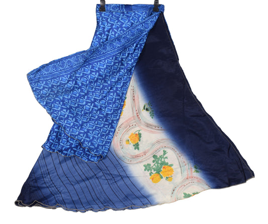 Sushila Vintage Magic Wrap 2 Layer Blue Art Silk Saree Reversible Skirt Beach Dress