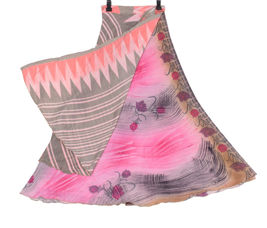 Sushila Vintage Art Silk Saree Magic Wrap Reversible Skirt Pink Floral Beach Dress