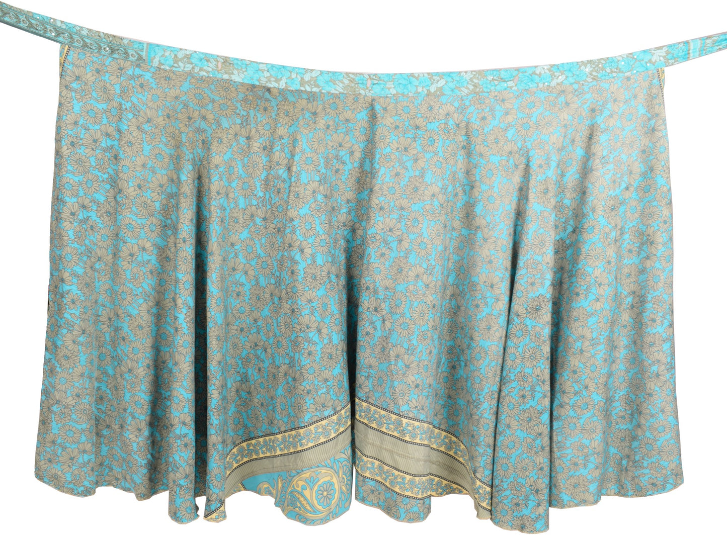 Sushila Vintage Art Silk Saree Magic Wrap Aqua Blue Reversible Skirt BeachDress