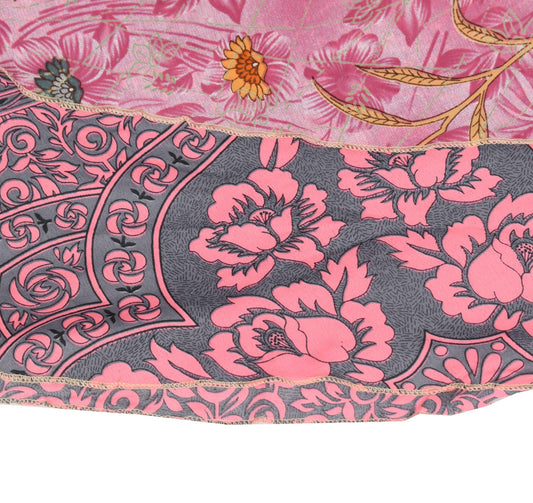 Sushila Vintage Pink Saree Magic Wrap Reversible Skirt Art Silk Beach Dress Floral