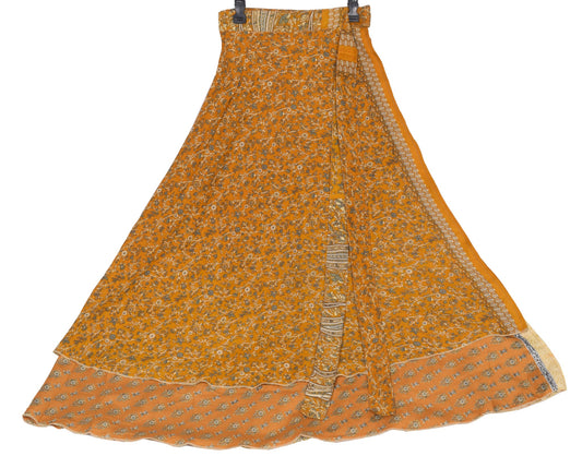 Sushila Vintage Art Silk Saree Magic Wrap Reversible Skirt Beach Dress Mustard Floral