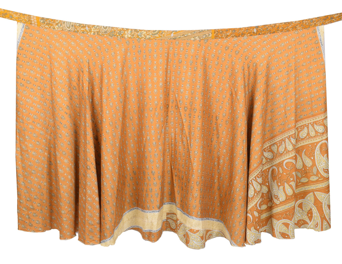 Sushila Vintage Art Silk Saree Magic Wrap Reversible Skirt Beach Dress Mustard Floral