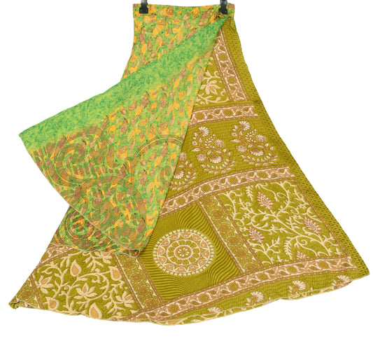 Sushila Vintage Art Silk Saree Green Magic Wrap Reversible Skirt Beach Dress
