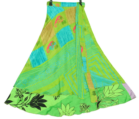 Sushila Vintage Parrot Green Saree Magic Wrap Reversible Skirt Art Silk Beach Dress
