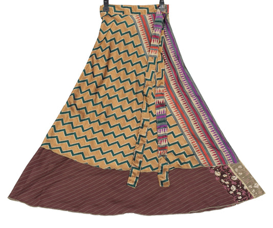 Sushila Vintage Art Silk Saree Magic Wrap Reversible Skirt Dark Brown Beach Dress