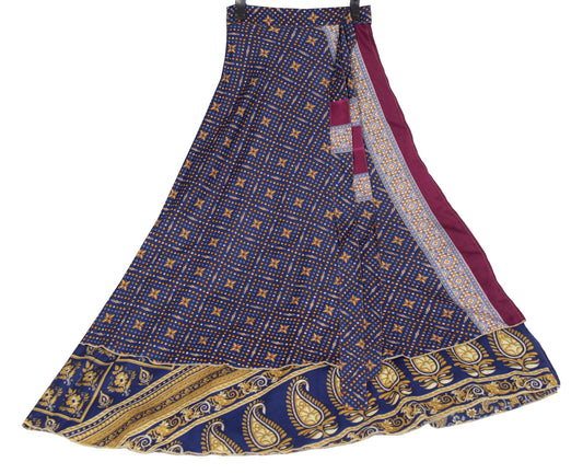 Sushila Vintage Art Silk Saree Magic Wrap Reversible Skirt Paisley Blue Beach Dress