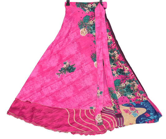 Sushila Vintage Art Silk Saree Magic Wrap Reversible Skirt Beach Dress Magenta