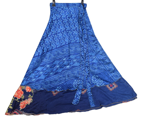 Sushila Vintage Art Silk Saree Magic Wrap Reversible Skirt 2 Layer Blue Dress