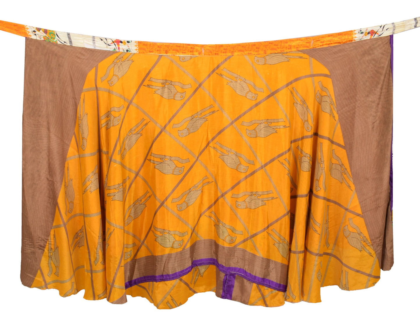 Sushila Vintage Art Silk Saree Magic Wrap Reversible Skirt Mustard Bird Beach Dress