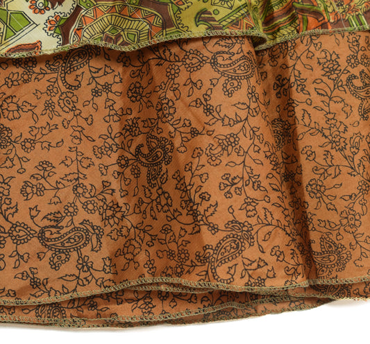 Sushila Vintage Brown Mini Wrap Magic Skirt Art Silk Saree Reversible Beach Dress