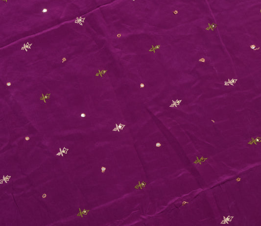 Sushila Vintage Purple Crepe Sari Remnant Scrap Floral Embroidered Craft Fabric