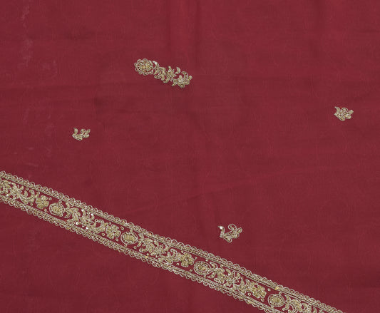 Sushila Vintage Maroon Sari Remnant Scrap Hand Beaded Georgette Craft Fabric