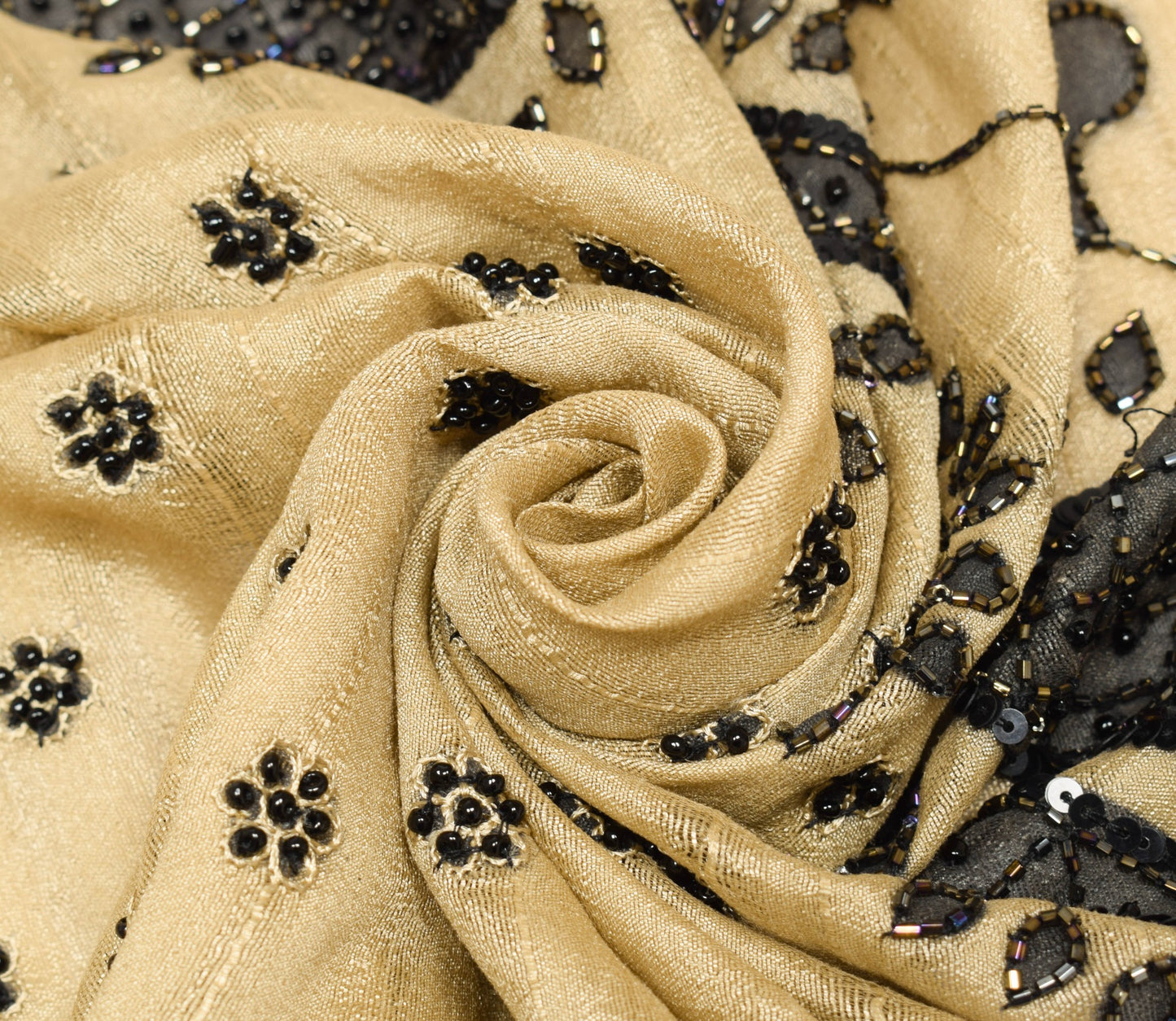 Sushila Vintage Brown Silk Sari Remnant Scrap Sequins Glass Beads Craft Fabric