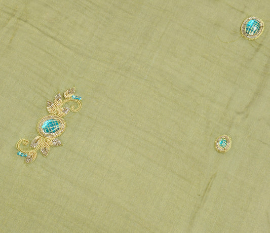 Sushila Vintage Green Sari Remnant Scrap Pure Tissue Floral Craft Fabric