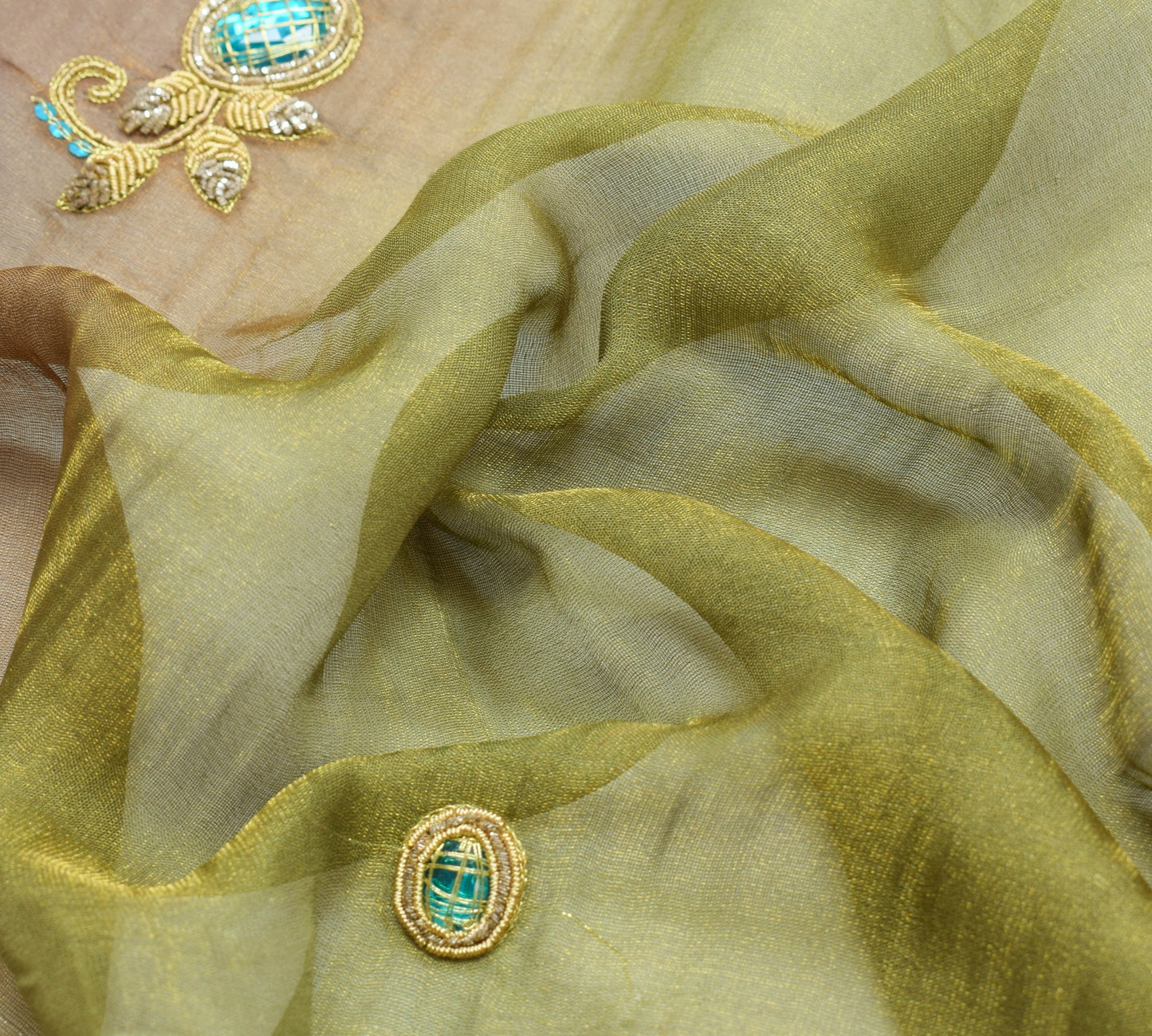 Sushila Vintage Green Sari Remnant Scrap Pure Tissue Floral Craft Fabric