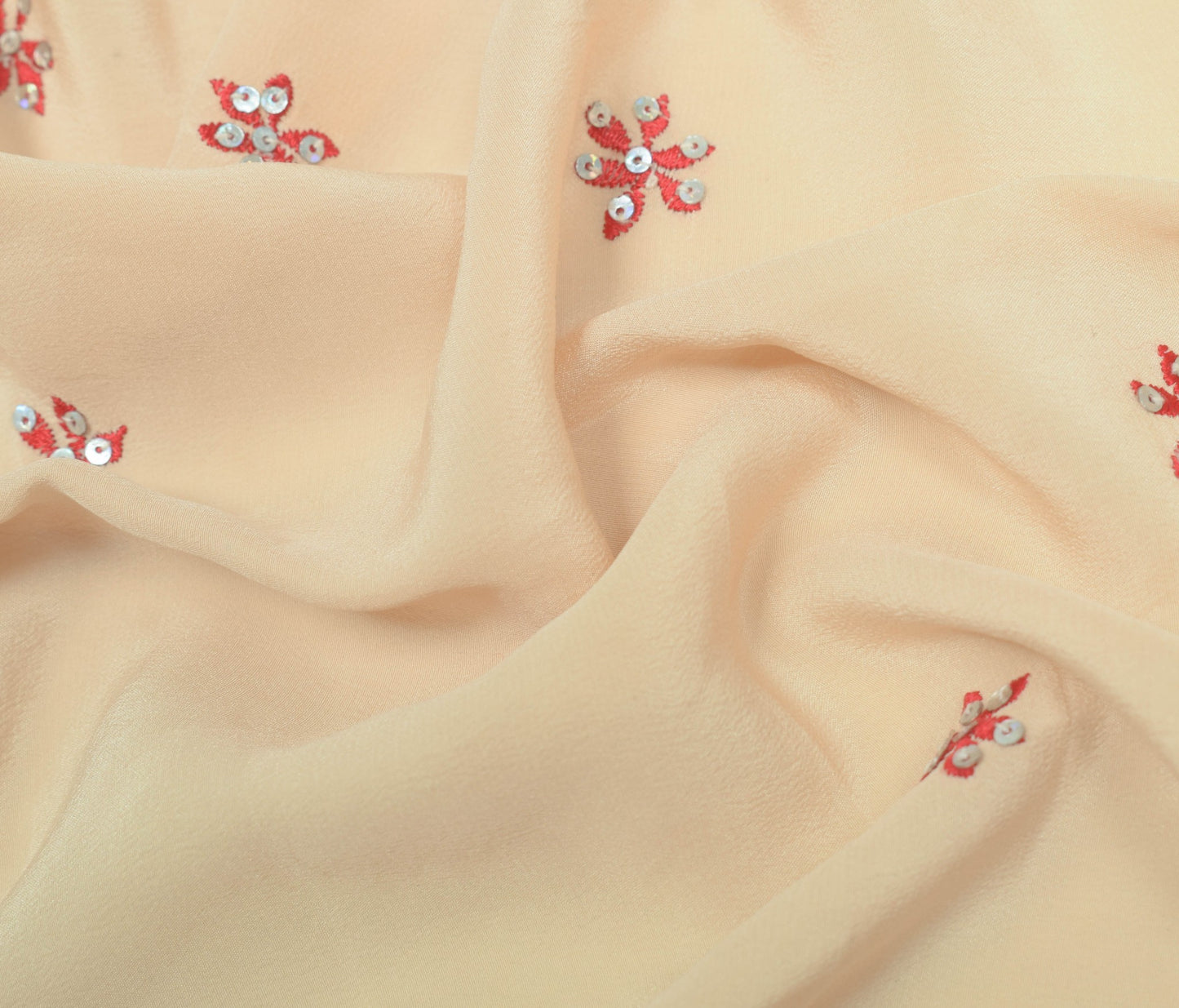 Sushila Vintage Beige Sari Remnant Scrap Embroidered 100%Pure Crepe Craft Fabric