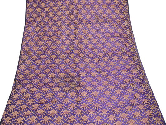 Sushila Vintage Blue Sari Remnant Scrap Pure Silk All Over Woven Craft Fabric
