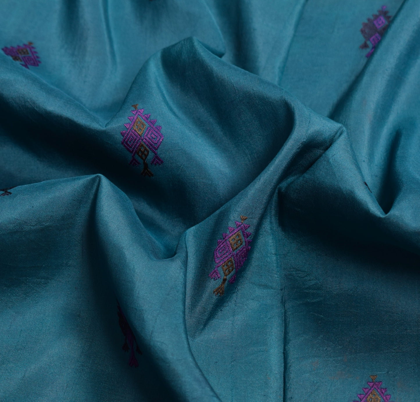 Sushila Vintage Teal Blue Sari Remnant Scrap Woven Pure Silk Soft Craft Fabric
