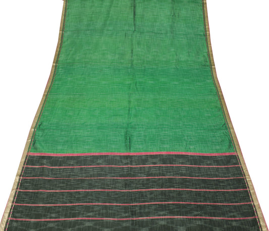 Sushila Vintage Green Sari Remnant Scrap Hand Woven Pure Silk Craft Soft Fabric