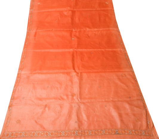 Sushila Vintage Orange Sari Remnant Scrap Pure Silk Embroidered Craft Fabric