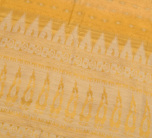 Sushila Vintage Yellow Sari Remnant Scrap Woven Leaves Pure Silk Craft Fabric