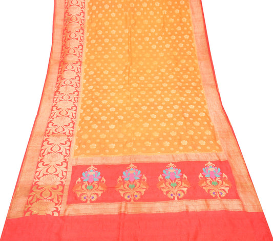 Sushila Vintage Yellow Sari Remnant Scrap Zari Brocade Pure Silk Craft Fabric