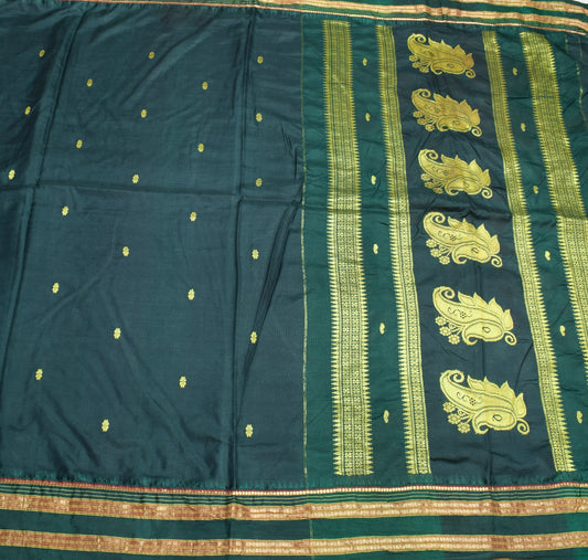 Sushila Vintage Dark Green Sari Remnant Scrap Hand Woven Pure Silk Craft Fabric