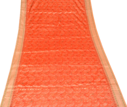 Sushila Vintage Orange Sari Remnant Scrap Floral Woven Art Silk Craft Fabric