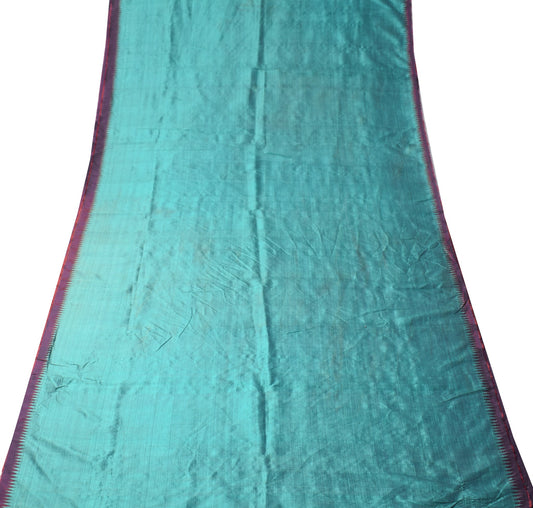 Sushila Vintage Teal Green Sari Remnant Scrap Hand Woven Pure Silk Craft Fabric